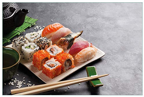 Wallario Küchenrückwand selbstklebend 90 x 60 cm, Motiv: Sushi-Menü mit grünem Tee | Spritzschutz abwischbar & pflegeleicht