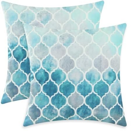 CaliTime Kissenbezüge Kissenhülle Packung mit 2 Cosy Kissenbezügen für Couch Bett Sofa manuell handbemalt bunt geometrischer Gitterkettendruck 50cm x 50cm Main Grey Petrol