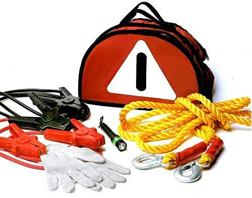 Kit Emergenza Auto con Cavi Batteria Corda Ganci Rimorchio 4m Segnale Aiuto SOS Guanti Torcia e Custodia