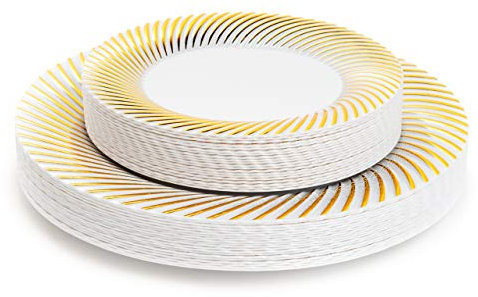 MATANA 40 Weiße Plastikteller mit Goldrand für Hochzeiten, Geburtstage, Taufen, Weihnachten & Partys - 2 Größen (20 x 18cm, 20 x 26cm) - Mehrweg & Stabil