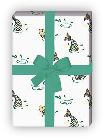 Kartenkaufrausch Fröhliches Retro Angler Geschenkpapier Set mit Fischen im Wasser als maritime Geschenk Verpackung um schön zu schenken, 32 x 48cm für Fischer zum Geburtstag