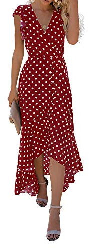 GRECERELLE Womens Summer Maxi Dress Boho Floral Cocktail Polka Dot Wrap Dresses V Neck Casual Party Bohemian Flowy Long Dress for Ladies (Polka Dots-Wine Red, M)