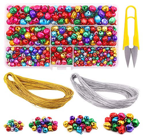 Swpeet Kit surtido de cascabeles de Navidad de 403 piezas de 4 tamaños con cordón dorado plateado de 200 m, cascabeles y campanas de manualidades, perfecto para decoraciones de fiestas de Navidad,