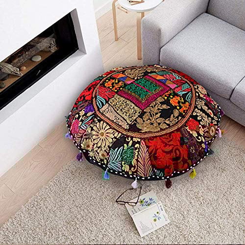 flyingasedgle Indisches handgefertigtes buntes Bodenkissen, rund, 81,3 cm, Bohemian-Meditationskissen, Bodenkissen, indisches Sitzkissen, Ottomanen-Bezug (schwarz)