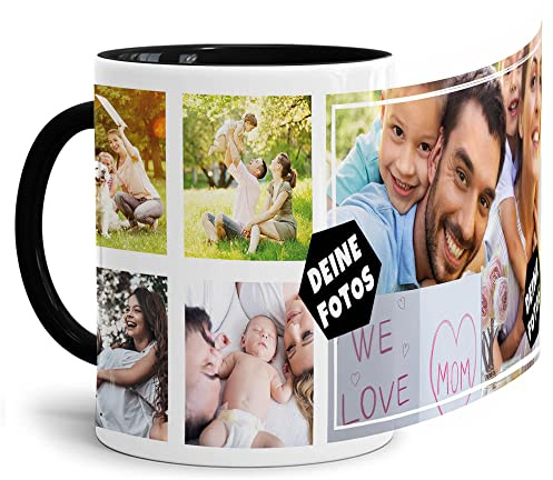 Foto-Tasse zum selbst gestalten mit Foto-Collage für 5 Wunschfotos - Geschenk für Familie, Freunde, Geburtstag, Weihnachten - Keramik Innen & Henkel Schwarz, 300 ml I Personalisiert