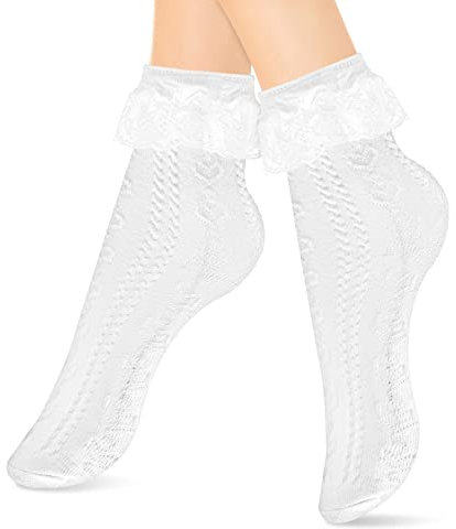 Sibba Ruffle Liners Lace Ankle Socks 1 Pair Frilly Crew Elastic Cotton Sock Princess Fairy Goth Cuffs Cute Dress for Women Schoolgirl Clothing Costume (White)
