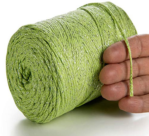 MeriWoolArt® Metallische Makramee Garn 2mm x 225m Farbig für Schnur Schmuckherstellung, Makramee Accessoires Schmuck - Boho Makramee Seil Garn - Glanz Lurex Recyceltes Baumwollgarn (Lurex Hellgrün)