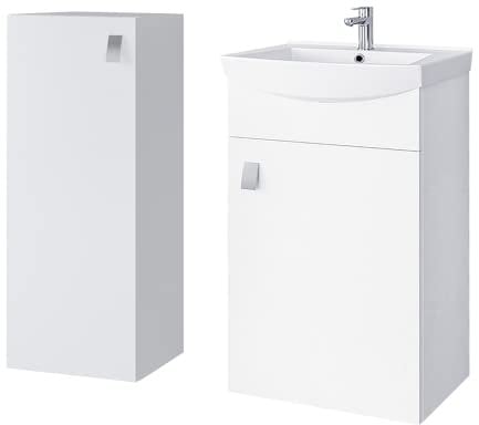 Planetmöbel Badmöbel Set Waschtisch mit Unterschrank 45 x 60 x 33 cm mit Midischrank 32 x 75 x 23 cm für Badezimmer, Gäste WC & Bad, Weiß