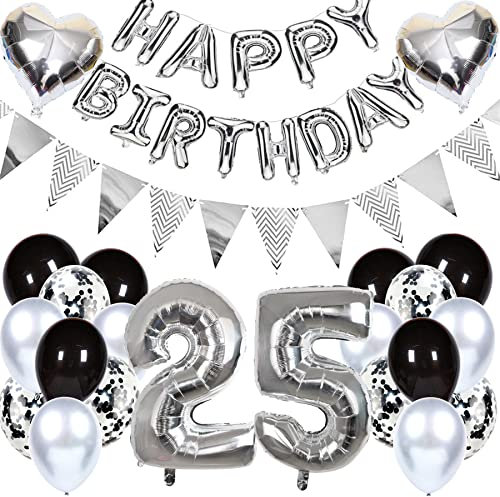 Ouceanwin Geburtstagsdeko 25 Jahre Männer Frauen, Luftballon 25. Geburtstag Dekoration, Folienballon Zahl 25 Silber, Helium Ballon Happy Birthday Girlande für 25. Geburtstag Party Deko