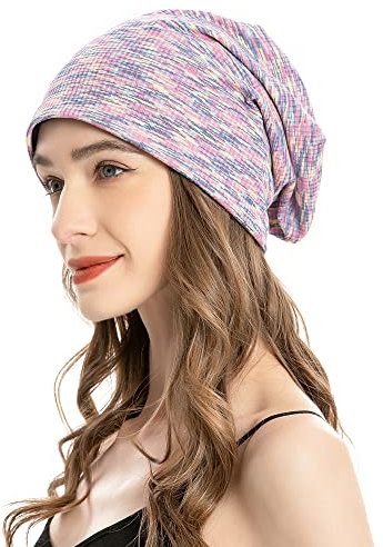 ZLYC Summer Long Slouch Beanie Leicht Weich Jersey Mütze für Damen und Herren(Gemustertes Lila)