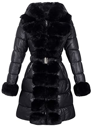 RISISSIDA Women Winter Puffer Leather Coat with Fur Trim Hooded,Black,XL