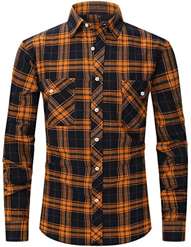 PADOLA Camicia Uomo Casual Camicia in Flanella Camicia Maniche Lunghe a Quadri Primavera Autunno Inverno(S,Navy Blue Orange)