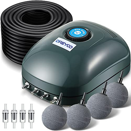 Deyoo 4 Outlets Air Pump for Ponds, 59 Ft Air Tube with 4 Stones Diffuser Aeration Pump Kit for Outdoor Pond, Air Pump with Check Valves for Ponds, Fish Tanks, Aquariums