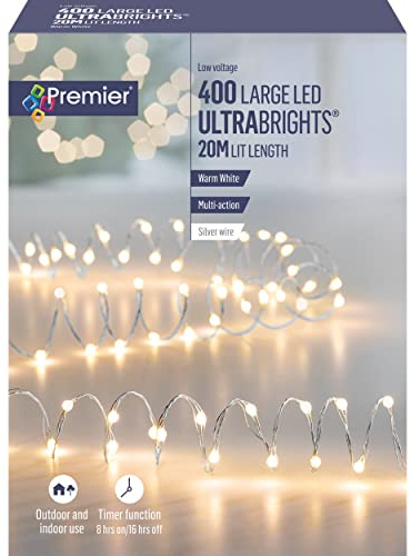 Premier Ultrabrights String Lights 400 Large LED Silver Wire 20M - Warm White Lights