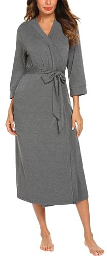 MAXMODA Damen-Bademantel, weicher Kimono, Spa-Strick, lang, leicht, Loungewear mit angenähtem Gürtel, Dunkel_Grau, Small
