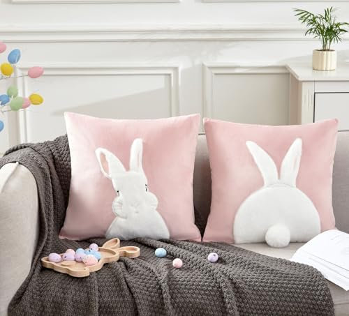 IHClink 2 Stück Hase Ostern Kissenbezug Ostern Dekoration,Frühling Saisonnal Zierkissenbezug Couch mit 3D bestickter Applikation Hase Dekorative Zierkissenhülle Frühjahr 45 x 45 cm