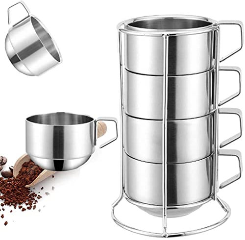 Stainless Steel Coffee Cups Set of 4 Mug,Stackable Double Heat Insulation Metal Coffee Mugs with Stand Rack,(6.8 oz/200ml) Perfect for Cold Drinks or Hot Drink (4)