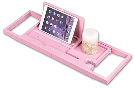Samnuerly Bambus Badewannenregal Badewannenablage Verlngerter seitlicher Leserahmen Tablet-Halter Handyablage und Weinregalhalter (Farbe: Rosa)