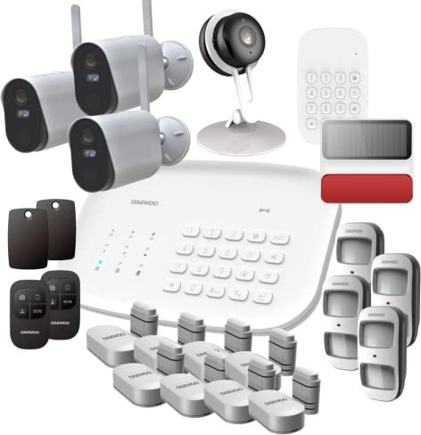 Daewoo Security SA667AM - Compatibile con Animali, Allarme Casa Wireless WiFi/GSM Collegato, Controllo Remoto, Sirena Esterna, 4 Fotocamere, Compatibile con Amazon Alexa, Google Home