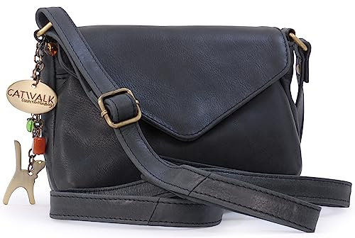 Catwalk Collection Handbags - Damen Leder Umhängetasche - Crossbody Bag/Handtasche Klein - Verstellbarer Schultergurt - ERIN - Schwarz
