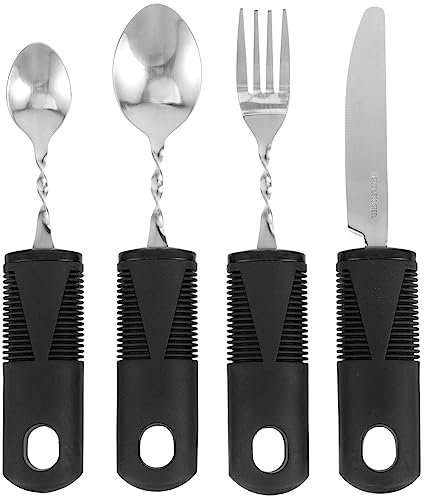 Ensemble De 4 Couverts AdaptéS pour Personnes âGéEs – CuillèRe, Fourchette Et Couteau Anti-Tremblement, PoignéEs Ergonomiques pour Un Meilleur Maintien