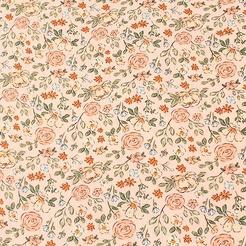 Stoff Meterware Blumen Blüten Flowers Geblümt Musselin Baumwolle - 1 Meter, Mull, Gaze, Windelstoff, Baby, Kinder, Kleidung, Kleider, Röcke, Blusen, Tunika, Sommer (Rosen Blüten Rosa)