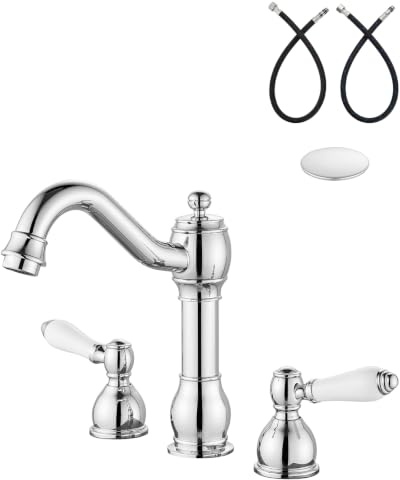 Aolemi Cromo polacco 8 pollici diffuso bagno lavandino rubinetto doppia maniglia in ceramica 3 fori Deck Mount Vanity lavabo miscelatore con pop up scarico montaggio
