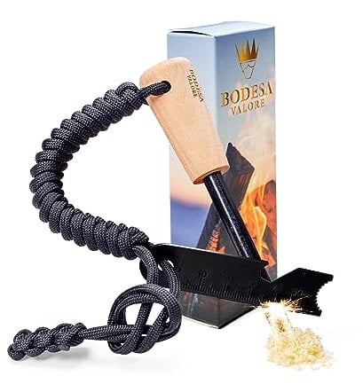 Feuerstarter-Set: 8, 10 oder 12 mm Dicke | Bis zu 15000 Zündungen | Feuerstahl Outdoor mit Paracord-Kienspan und Schaber | Feuerstein für Camping, Outdoor, Bushcraft (8 MM Normal)