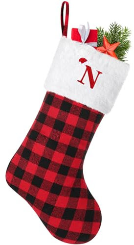 50,8 cm großer Weihnachtsstrumpf mit Initiale Monogramm Rot Schwarz Büffel Plaid Personalisierte Weihnachtsstrümpfe mit gestickten Buchstaben Initiale Weihnachtsstrümpfe für Weihnachten Urlaub Kamin