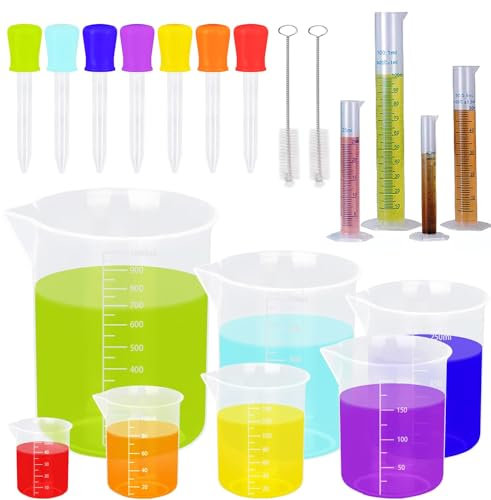 ALINK 20 Pcs Plastic Measuring Cups Jugs and Graduated Cylinder Set with 7 Pipettes Dropper and Clean Brush Plastic Jug Beakers Labs Graduated Beakers Baking Cooking Science Measure Tools
