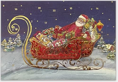 GrosseJewels Mini Adventskalender als Karte zur Weihnachten - hochwertige Grußkarte mit 24 Türchen, inkl. goldenem Umschlag (Schlitten)
