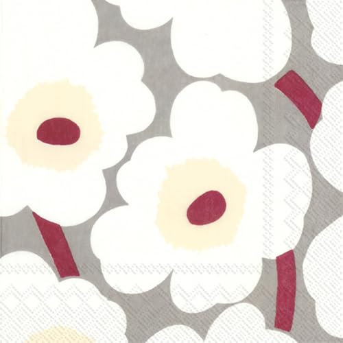 IHR Ideal Home Range Marimekko Party-Servietten, Einweg-Servietten, 3-lagig, 16,5 x 16,5 cm, Unikko (Grau & Creme), 20 Stück