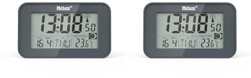 Mebus digitaler Funk-Wecker mit Mondkalender, Beleuchtung, Innenthermometer, 2 Weckzeiten, Schlummer-Funktion/Material: Kunststoff/Farbe: Grau/Modell: 51460 (Packung mit 2)
