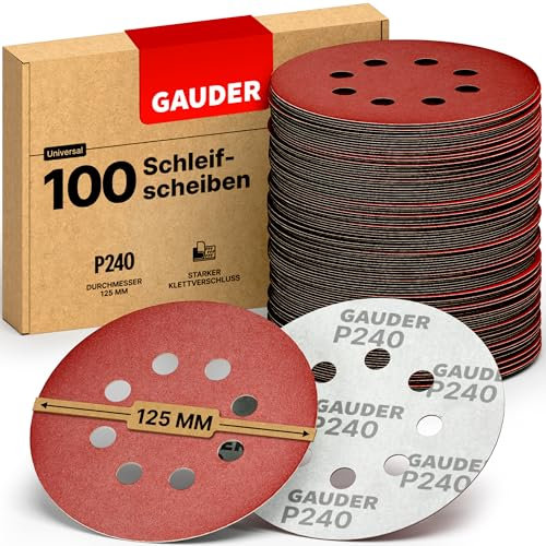 GAUDER Schleifscheiben für Exzenterschleifer Ø 125mm - Klett Schleifpapier 8 Loch - Schleifblätter rund für Holz, Metall und andere Materialien (P240 Körnung - 100 Stück)