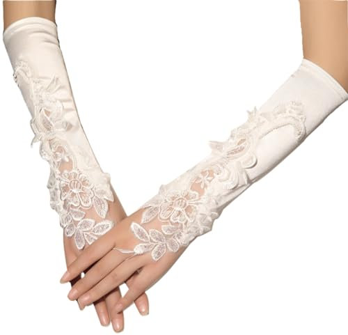 KSJEHW Lange Damen Opernhandschuhe - Spitze Satin Hochzeit Braut Schwarze Fingerlose Tanzhandschuhe - Party Stretch Ausgefallene Weihnachten Halloween 1920er Jahre(Weiß)