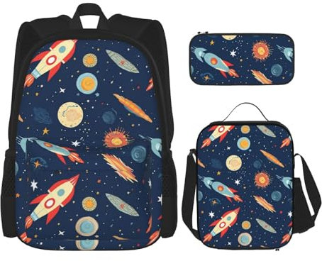 OUSIKA Rocket in Space 3 Pcs Print Backpack Sets Casual Daypack with Lunch Box Pencil Case for Women Men