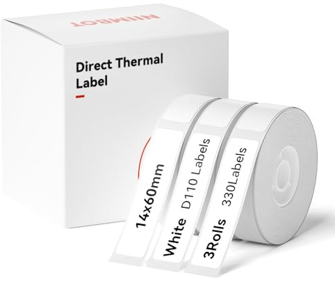 NIIMBOT 3 Rolls Thermal Labels for D11/D110/D101 Label Maker | Waterproof & Wear-Resistant Labels, 14x60mm, 110 Labels/Roll Strong Adhesive for Home, Kitchen & Stationery Organization