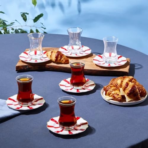 Karaca Astley 12-Piece Tea Cup and Saucer Set for 6 People, 110ml, 6 Turkish Tea Glasses with Saucers, 12 Pcs, Turkish Tea, Glass, Tea Plates, Red