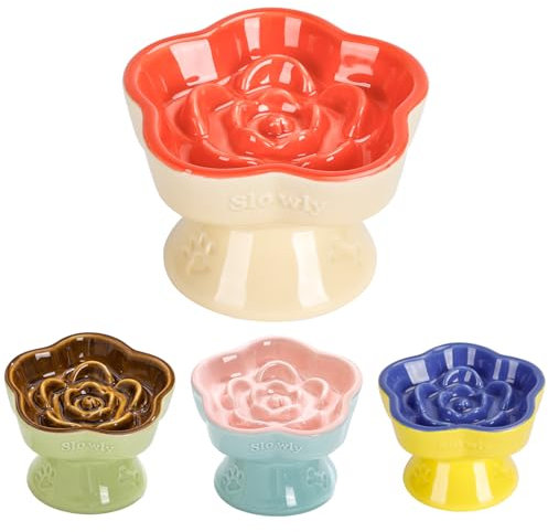 S&Q's CERAMICS Raised Slow Feeder Cat Bowl, Ceramic Glass Elevated Pet Food Bowl Small Dogs Slow Feeder, Flower Shaped Cute Dish for Dry and Wet Food (Orange, 5.8)