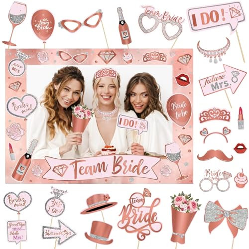 HANIUTTY 25pcs Kit EVJF Accessoire Photobooth avec Or Rose Team Bride Cadre Photo Grand Cadre Photobooth Mariage pour EVJF Décoration Enterrement Vie Jeune Fille Accessoires