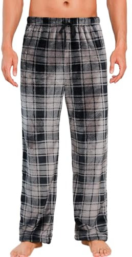 ENJOYNIGHT Schlafanzughose Herren Lang Fleece Pyjamahose Plüsch Freizeithose Warm Haushose mit Kordelzug (Small,Grau Kariert)