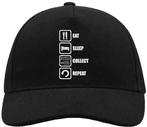 Atspauda Eat Sleep Collect Repeat bequeme Unisex-Baseballkappe aus gebürsteter Baumwolle mit Schnalle, Schwarz, Schwarz , Einheitsgröße
