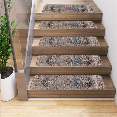 Surwin Stufenmatten rutschfest Treppenstufen Matten mit Böhmen Ethnostil, Weich Rechteckig Innen Stufenteppich Gummirücken Treppenteppich Stufenteppich Treppenmatten (Vintage,10 Stück)