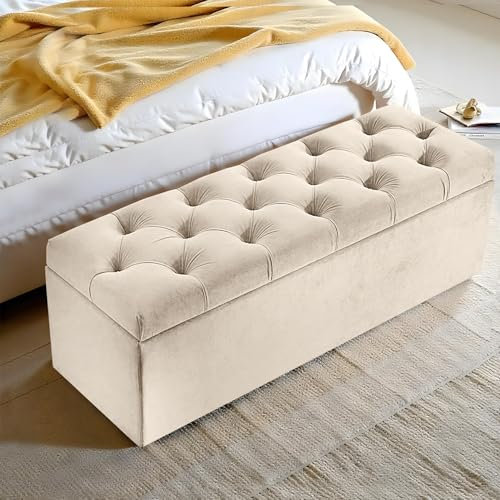 Harveys Living Chesterfield Ottoman Storage Box - Diamond Button Style Engineered Wood Luxurious Plush Velvet Ottoman Storage Bench - (Cream, No Legs)