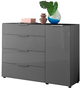 Kommode >Sean< Anthrazit mit Glasfront, Schrank Korpus in Anthrazit mit Oberboden in Glas-mit viel Stauraum und Schubladen für Ihren Wohnbereich - 135 x 99 x 40 cm (B/H/T)