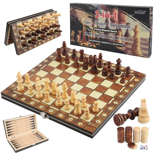 Schachspiel aus Holz - 3 In 1 Schachbrett Magnetisch - Faltbares Chess Board Set - Reiseschach, Schach/Dame/Backgammon (29x29cm)