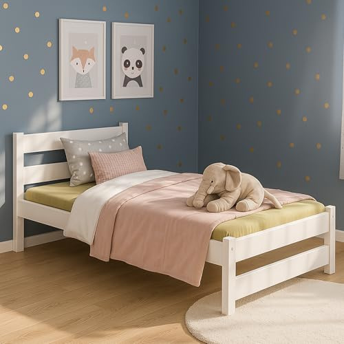 MEBLE WRÓBEL Kinderbett 90x200 cm in Weiß - Jugendbett Bett - Einzelbett aus Kiefernholz, MDF & HDF - mit Lattenrost - Tagesbett ohne Matratze