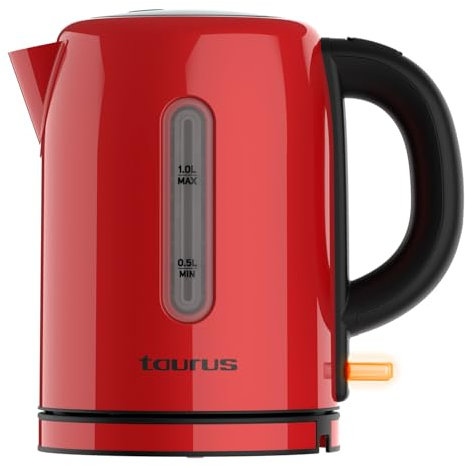Taurus – Hervidor eléctrico Vintage Compact Red | 2400W | 1L | Base 360° | Apagado automático | LED | Asa ergonómica | Visor de agua | Inox | Medidor tazas | Rojo