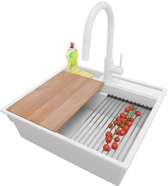 PRIMAGRAN Fregadero Granito Todo Blanco 58x53cm, Cocina 1 Seno + Grifo 40x20cm + Sifón + Accesorios, Sobre encimera al mueble 60cm - Oslo Pocket