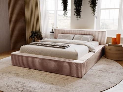 GRAINGOLD Lago Bett 140x200, Polsterbett mit Bettkasten, Polsterbett mit Stauraum, Cord, mit Lattenrost, mit Kopfteil, ohne Matratze (Braun, 140x200)